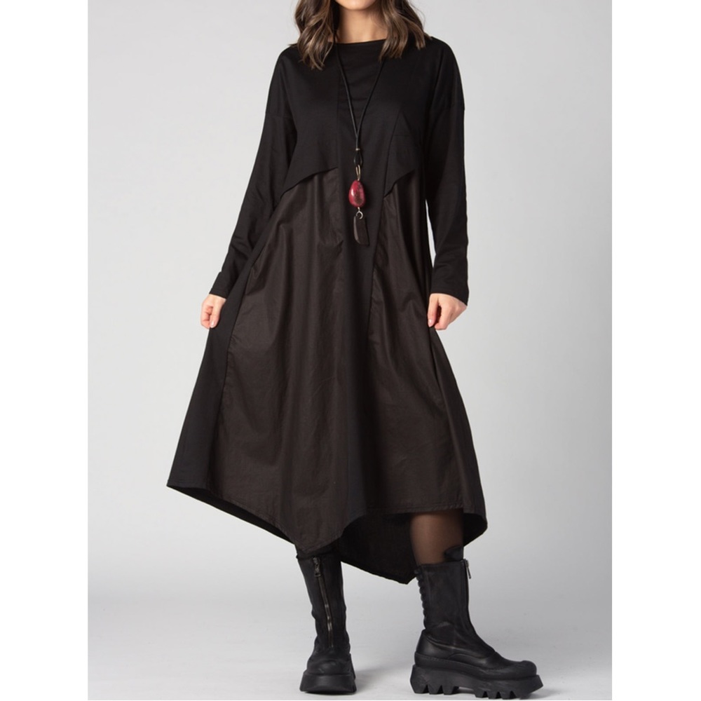 URSIME Round Neck Asymmetrical Hem Midi Dress in Black